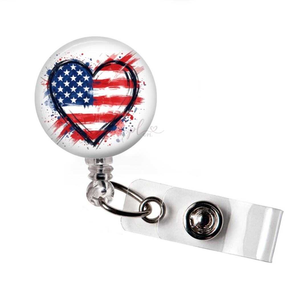 Patriotic USA Heart Badge Reel American Flag Healthcare Retractable ID Holder